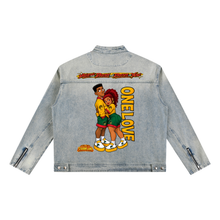 Load image into Gallery viewer, Welcome to Strawland  90s Edition "ONE LOVE" Vintage Wash Zip Denim Jacket
